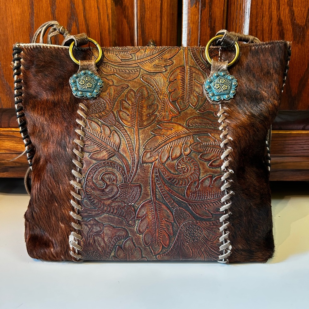 Brown Embossed Leather Tote Bag
